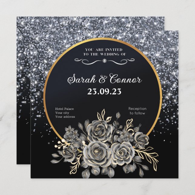 Gold Black Rose Silver Glitzer Einladung Hochzeit (Vorne/Hinten)