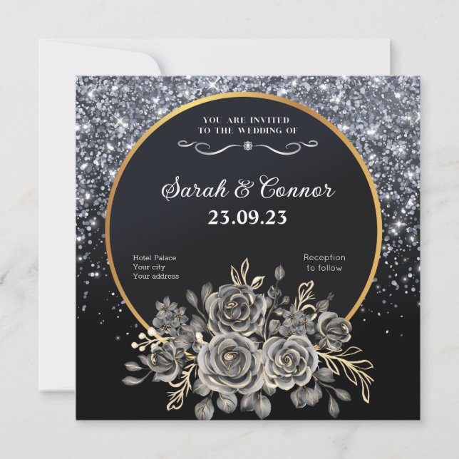 Gold Black Rose Silver Glitzer Einladung Hochzeit (Vorderseite)
