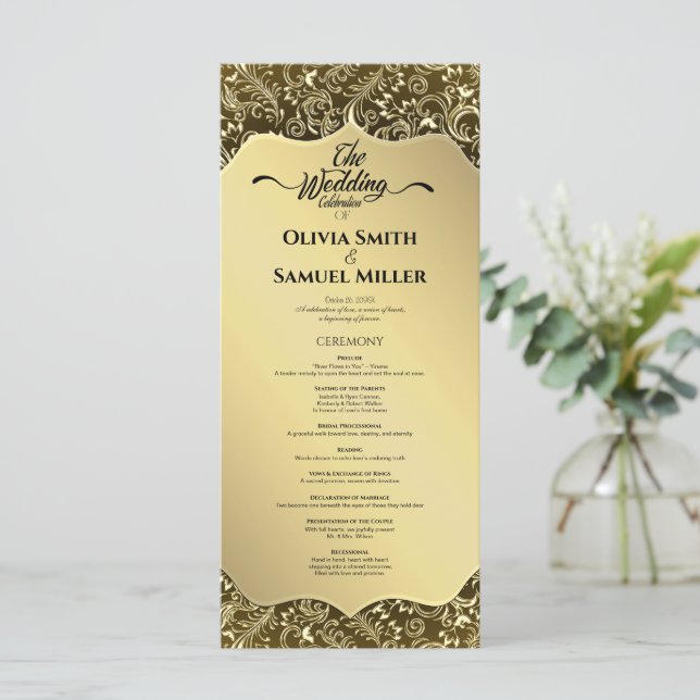 Gold Black Royal Damask Wedding Program Programm (Stehend Vorderseite)