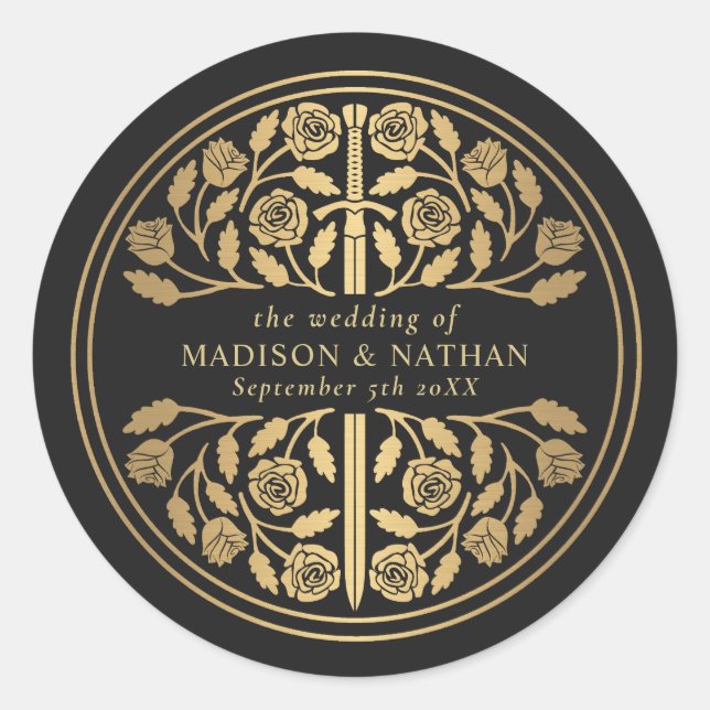 Gold Black Royal Medieval Sword Wedding  Runder Aufkleber (Vorderseite)