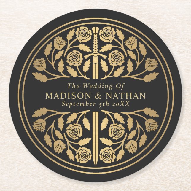 Gold Black Royal Medieval Sword Wedding Runder Pappuntersetzer (Vorderseite)