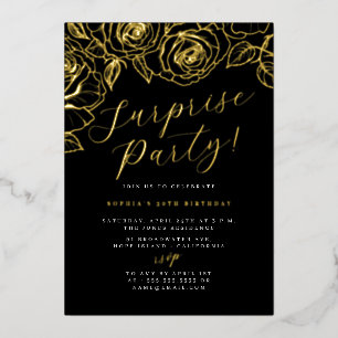 Gold Black Script Floral Überraschung Party Folieneinladung