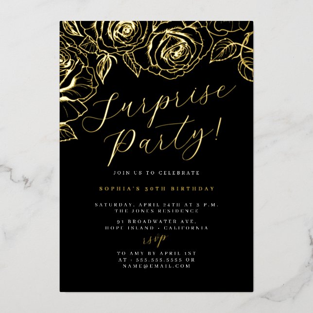 Gold Black Script Floral Überraschung Party Folieneinladung (Vorderseite)