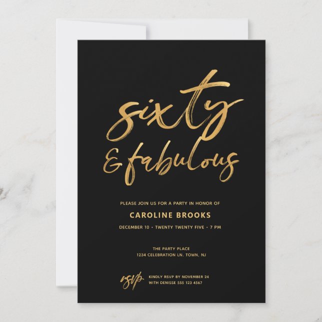 Gold Black Sechzigster 60. Geburtstag Einladung (Vorderseite)