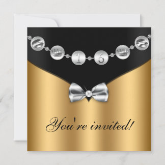 Gold Black Silver Bow Charm 16 . Geburtstag Einlad Einladung