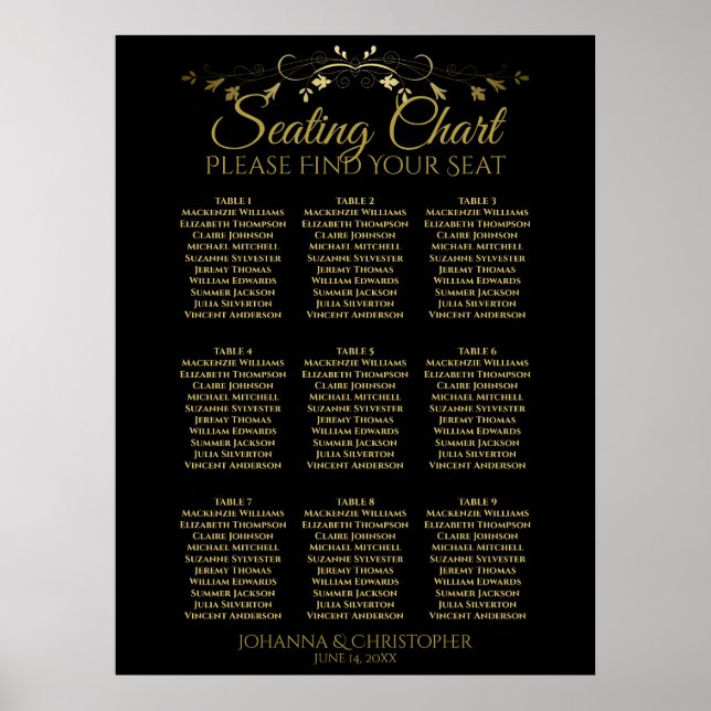 Gold & Black Simple 9 Table Seating Chart Poster (Vorne)