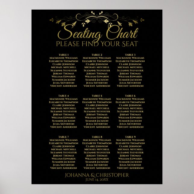 Gold & Black Simple 9 Table Seating Chart Poster (Vorne)