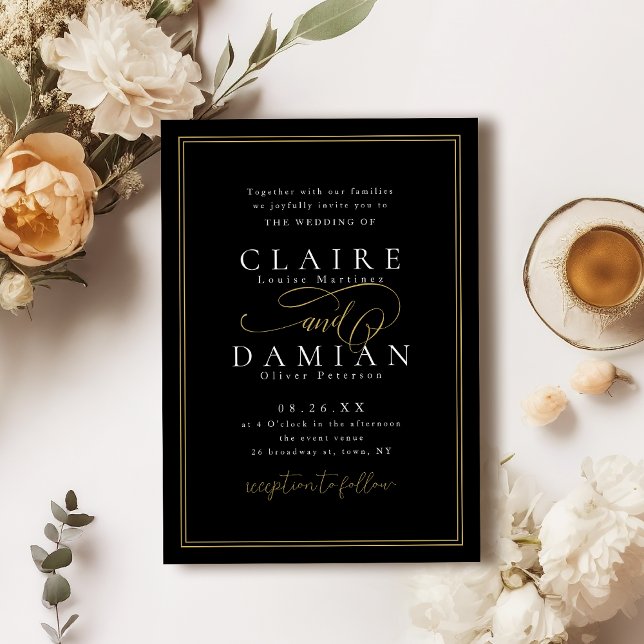 Gold Black Simple Elegance Romantische Script Hoch Einladung (Gold Black Simple Elegance Romantic Script Wedding Invitation)