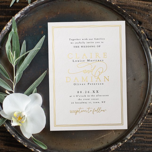 Gold Black Simple Elegance Romantische Script Hoch Folieneinladung (Gold Black Simple Elegance Romantic Script Wedding Foil Invitation)