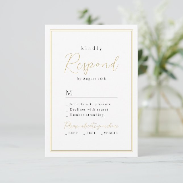 Gold Black Simple Elegance Romantische Script Hoch RSVP Karte (Stehend Vorderseite)