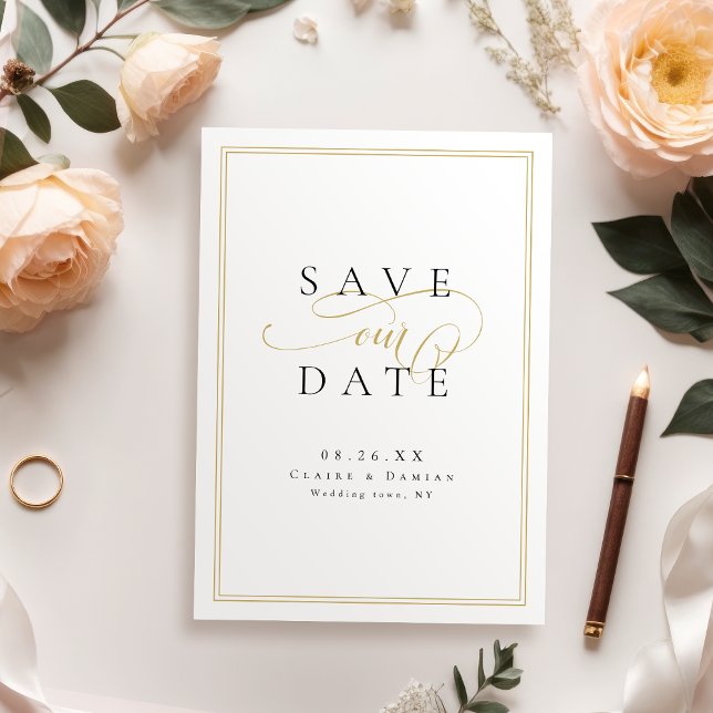 Gold Black Simple Elegance Romantische Script Hoch Save The Date (Gold Black Simple Elegance Romantic Script Wedding Save The Date)
