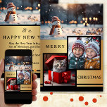Gold Black Snowman Foto Weihnachtskarte Feiertagskarte<br><div class="desc">Eine elegante Weihnachtskarte mit 2 eigenen Fotos auf einem schwarzen goldenen Design mit einem Schneemann. Auf der Rückseite sind Ihre Neujahrswünsche.</div>