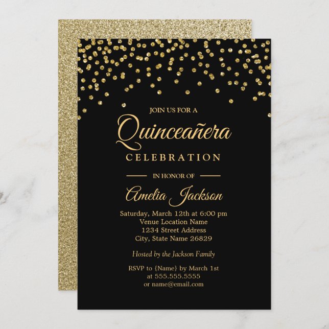 Gold Black Sparkle Confetti Quinceanera Einladung (Vorne/Hinten)