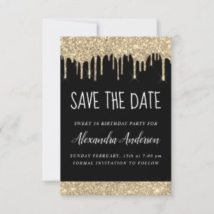 Gold Black Sparkle Glitzer Sweet 16 Save the Date Einladung