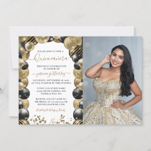 Gold Black Sparkle Quinceanera Balloon Foto Einladung