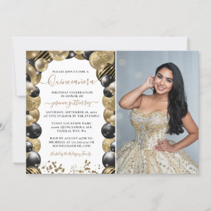 Gold Black Sparkle Quinceanera Balloon Foto Invit Einladung
