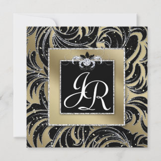 Gold Black Sparkle Wedding Leaf Floral  Einladung
