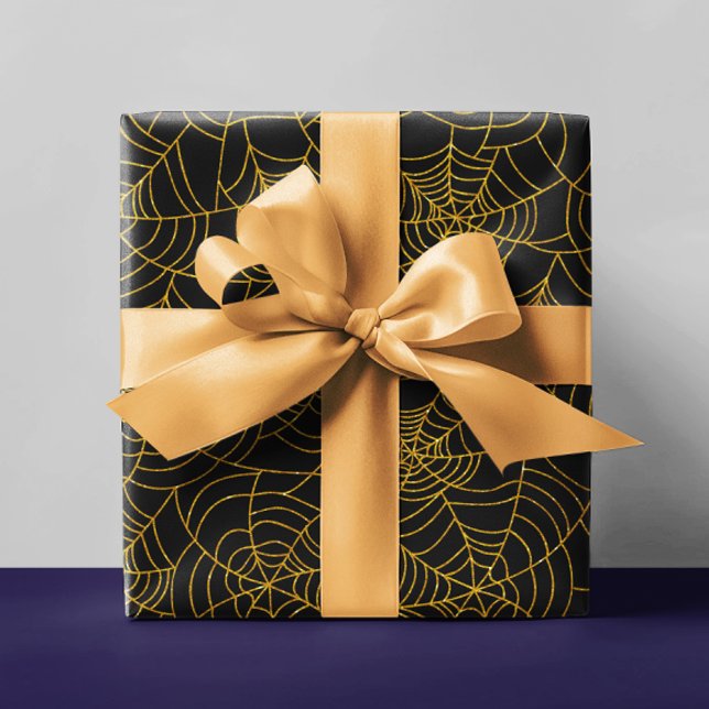 Gold Black Spider Webbing Spiderweb Halloween Geschenkpapier (Von Creator hochgeladen)