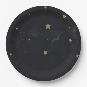 Gold Black Stars Dark Night Sky Baby Dusche Party Pappteller