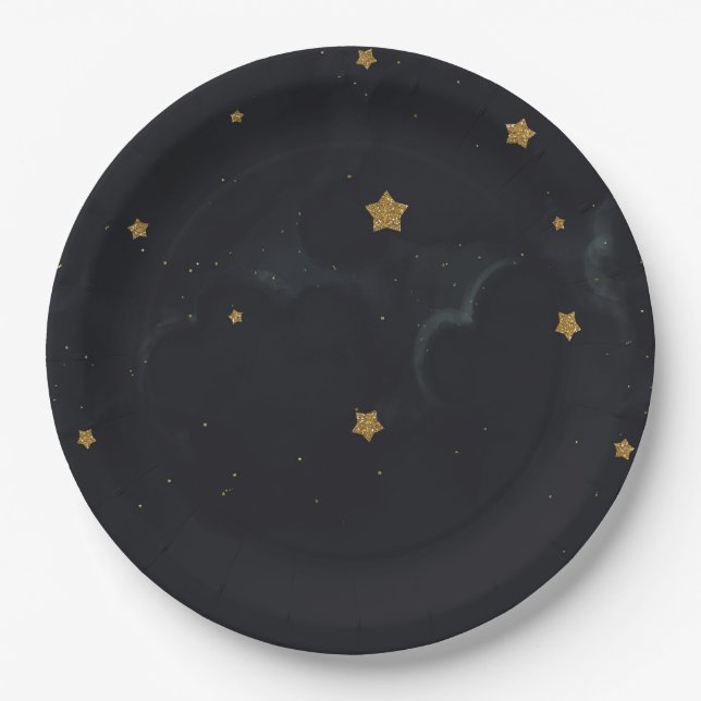 Gold Black Stars Dark Night Sky Baby Dusche Party Pappteller (Vorderseite)