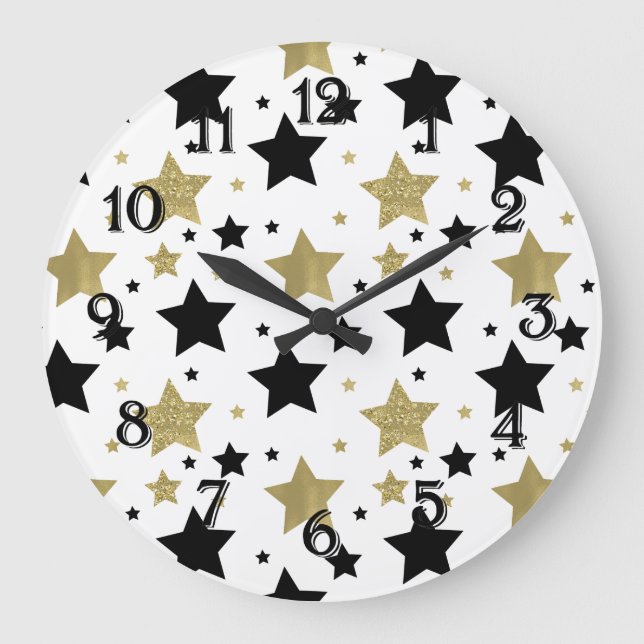 Gold Black Stars Große Wanduhr (Vorderseite)