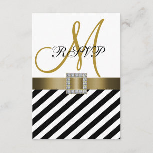 Gold Black Stripes Ribbon Wedding RSVP Card Karte