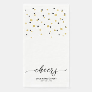 Gold & Black Stylish Script Confetti Cheers Party Serviette
