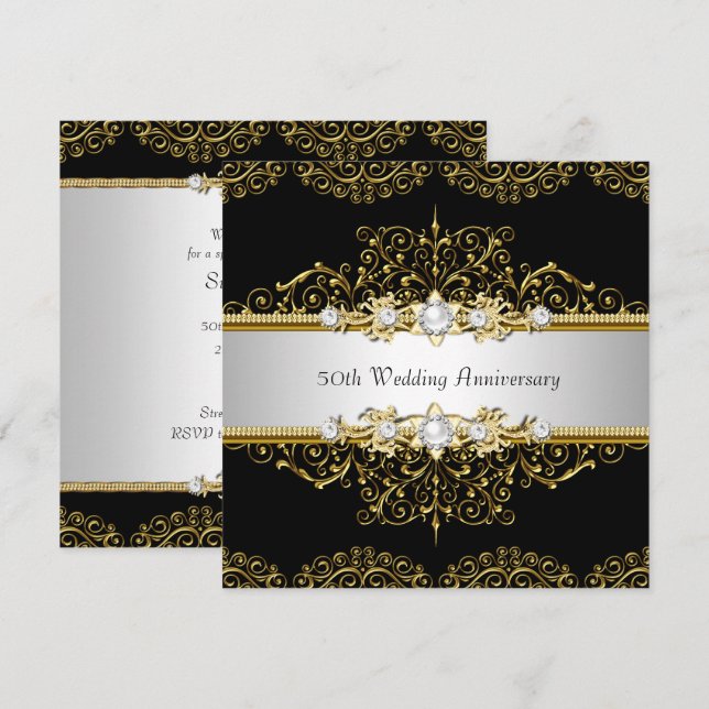 Gold Black Swirl 50. Hochzeitstag Einladung (Vorne/Hinten)