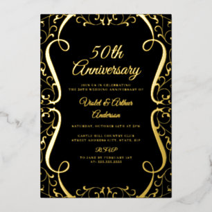 Gold Black Swirl Elegant 50. Hochzeitstag Folieneinladung