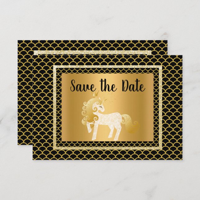 Gold Black Unicorn Mermaid Party Save the Date Einladung (Vorne/Hinten)