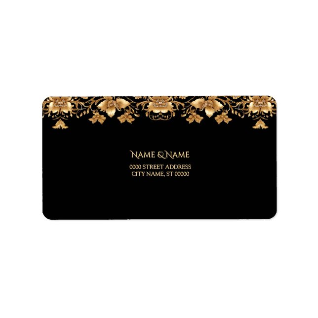 Gold Black Verziert Floral Address Label Adressaufkleber (Vorne)
