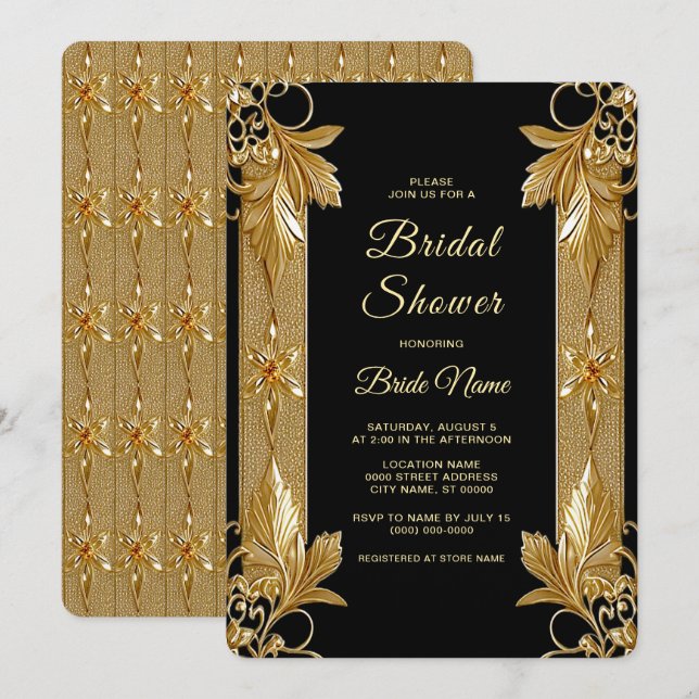 Gold Black Verziert Floral Brautparty Einladung (Vorne/Hinten)