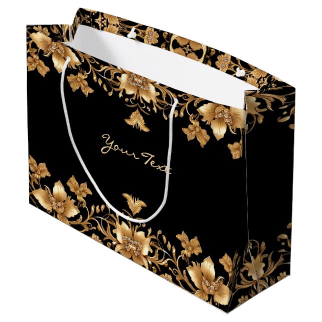 Gold Black Verziert Floral Geschenktasche Große Geschenktüte (Rückseite Schrägansicht)