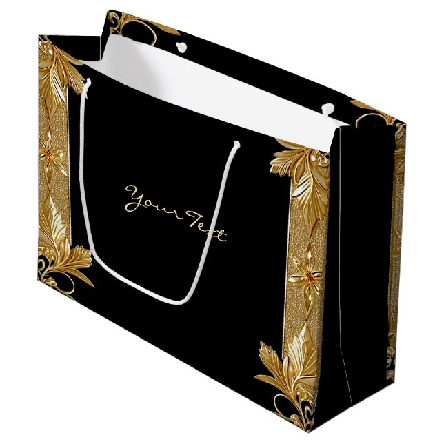 Gold Black Verziert Floral Geschenktasche Große Geschenktüte (Vorderseite Schrägansicht)