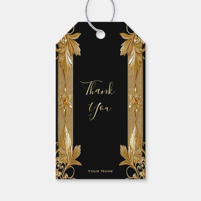 Gold Black Verziert Floral Gift Tag Geschenkanhänger (Vorderseite)