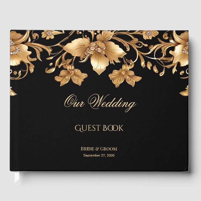 Gold Black Verziert Floral Guest Book Gästebuch (Vorderseite)