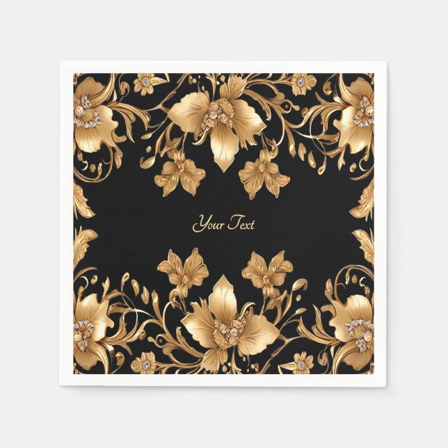 Gold Black Verziert Floral Napkins Serviette (Vorderseite)