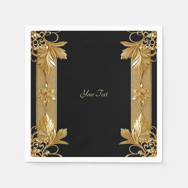Gold Black Verziert Floral Napkins Serviette (Vorderseite)
