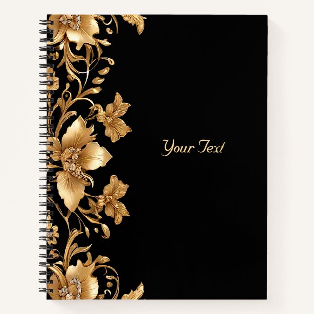 Gold Black Verziert Floral Notebook Notizbuch (Vorderseite)