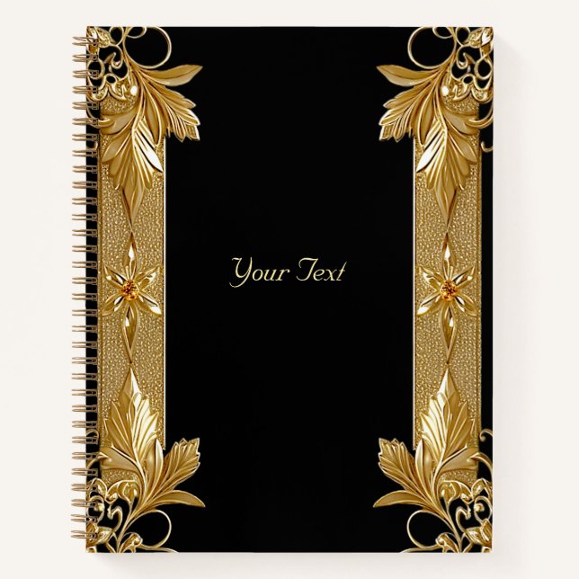 Gold Black Verziert Floral Notebook Notizbuch (Vorderseite)