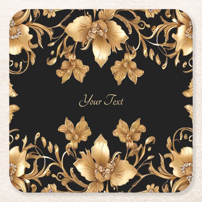 Gold Black Verziert Floral Paper Untersetzer (Vorderseite)