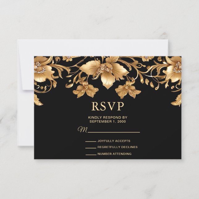 Gold Black Verziert Floral RSVP Card (Vorderseite)