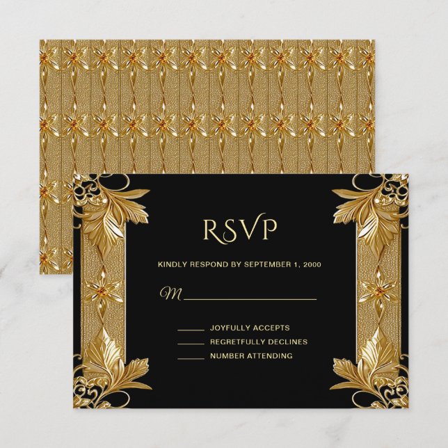 Gold Black Verziert Floral RSVP Card (Vorne/Hinten)