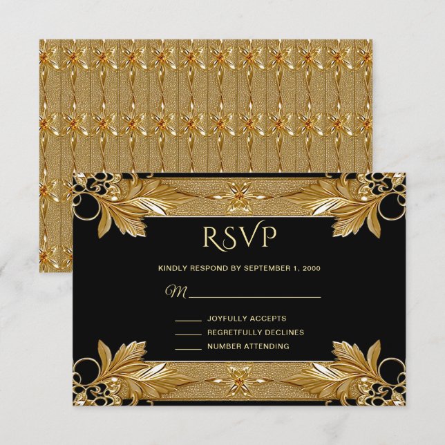 Gold Black Verziert Floral RSVP Card Karte (Vorne/Hinten)