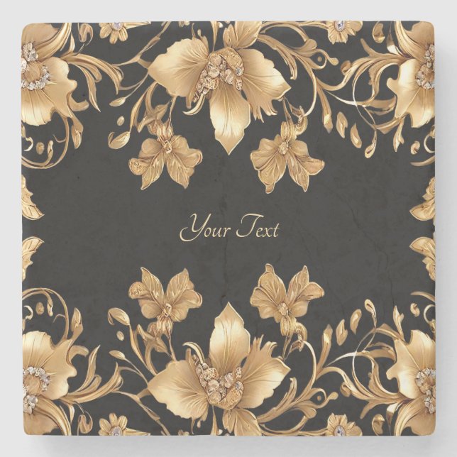 Gold Black Verziert Floral Stone Untersetzer (Vorderseite)