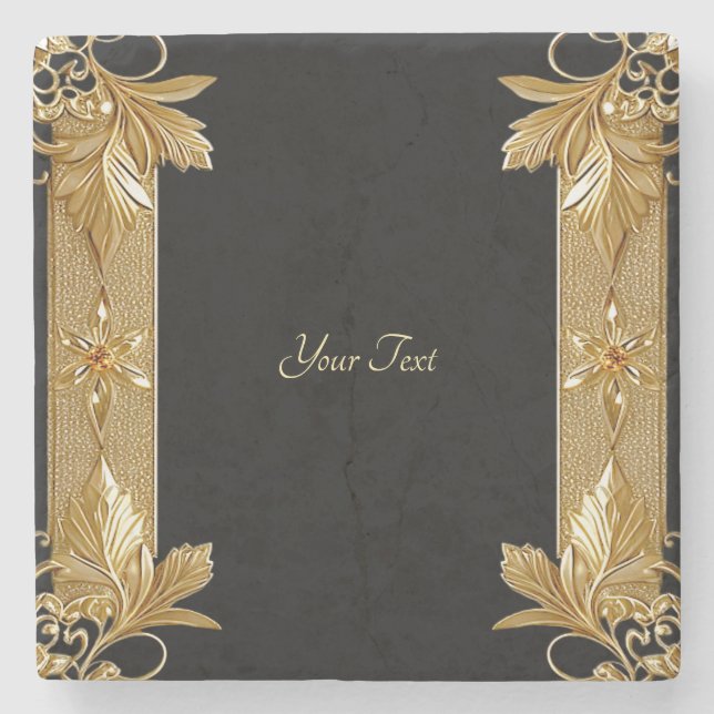 Gold Black Verziert Floral Stone Untersetzer (Vorderseite)