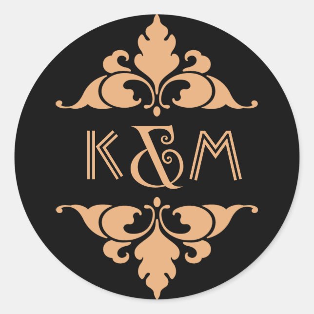 Gold Black Vintag Modern Art Deco Hochzeit Runder Aufkleber (Vorderseite)