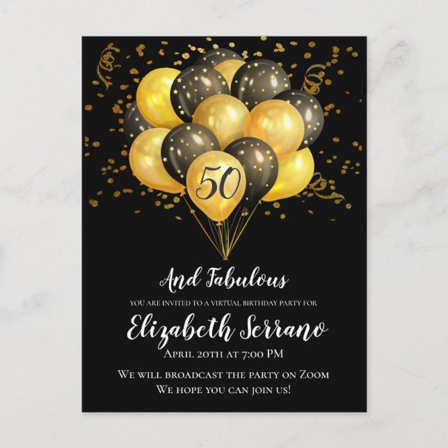 Gold Black Virtual 50. Geburtstagsparty Postkarte (Vorderseite)