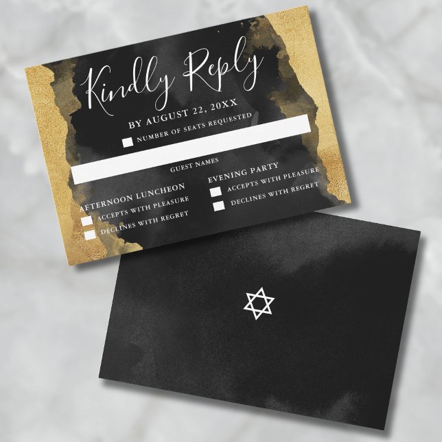 Gold Black Watercolor Mitzvah Einladung RSVP Karte (Gold Watercolor Bar Bat Mitzvah Reply RSVP Card)