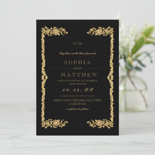  Gold Black Wedding Photo Invitation Einladung (Stehend Vorderseite)